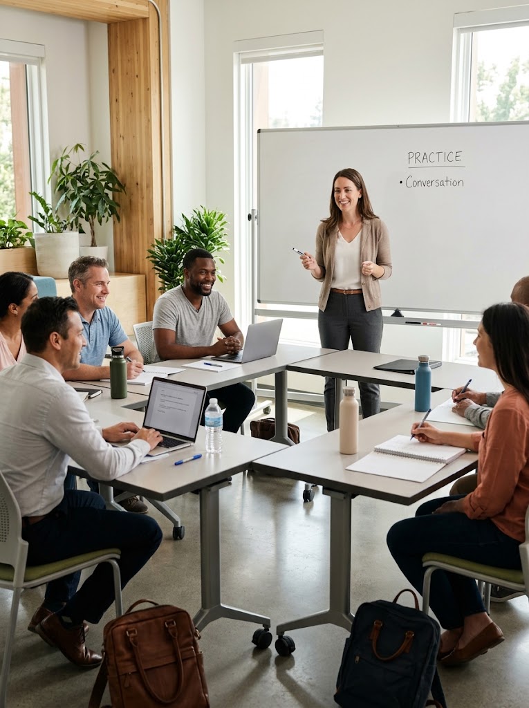 Estudiantes conversando en inglés en una clase online