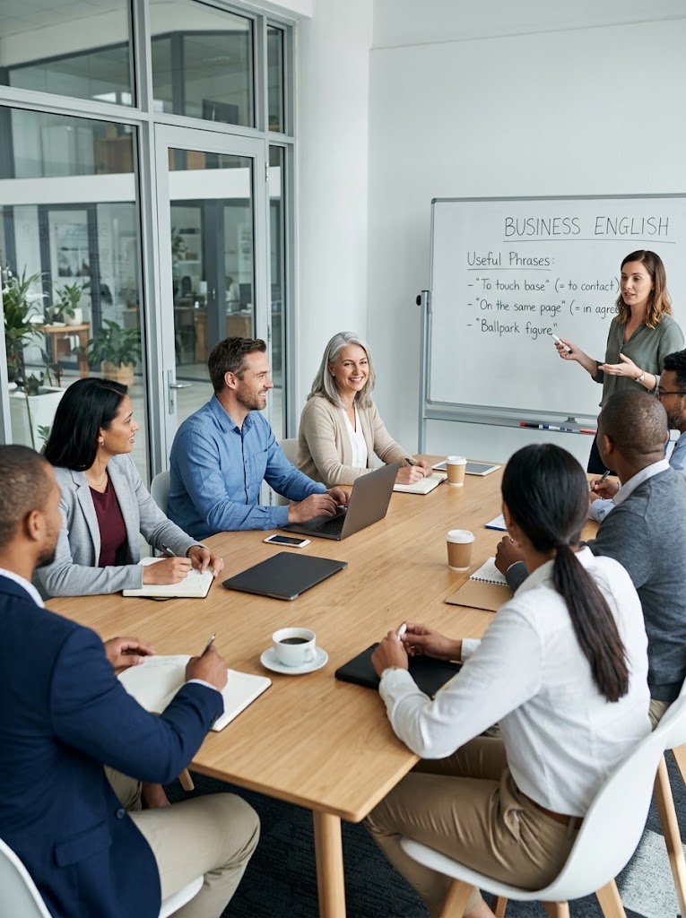 Equipo de una empresa en una clase de inglés online